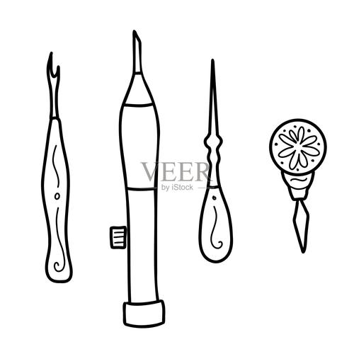 一套针线活工具,手绘图标.采购产品锥子,刺绣针,开膛手和穿针机